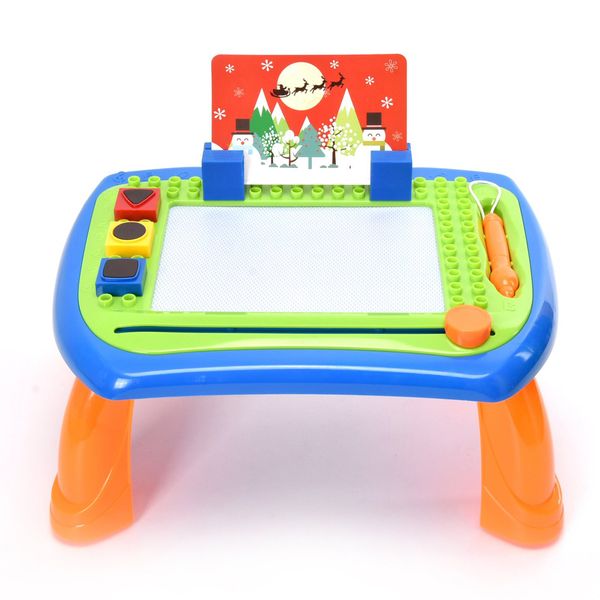 Дитячий столик магнітна дошка для малювання з штампами 009-2023 (Синьо-помаранчевий) фото