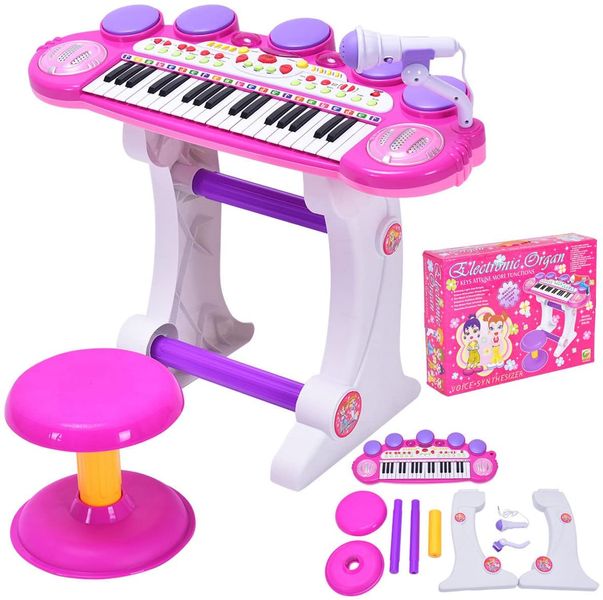 Дитячий синтезатор піаніно з мікрофоном та стільчиком BB45BD (Рожевий) фото