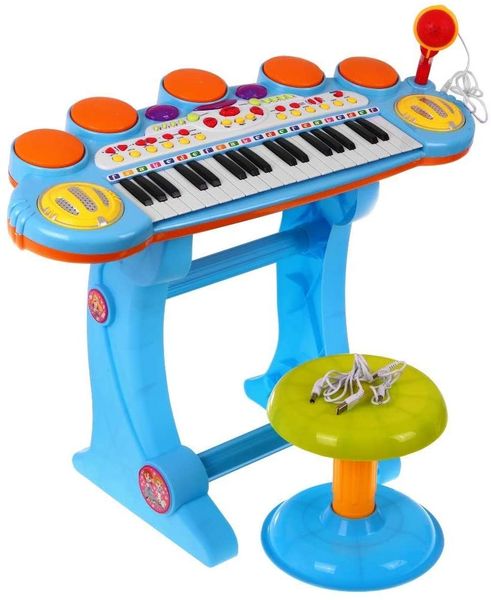 Детский синтезатор пианино с микрофоном и стульчиком BB45BD (Голубой) фото