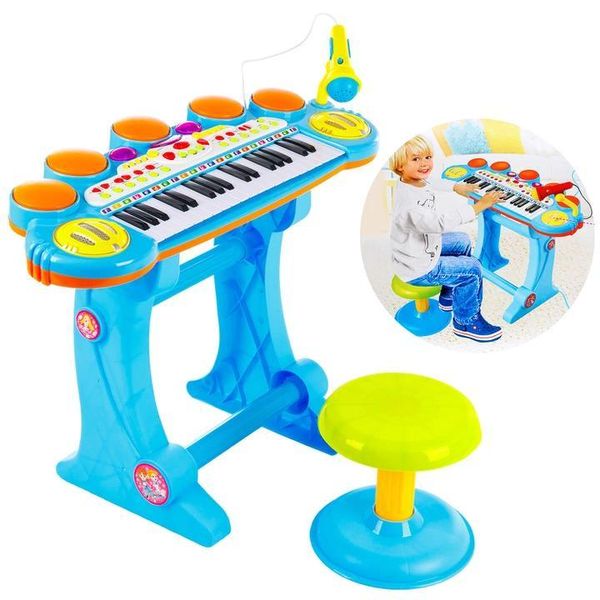 Детский синтезатор пианино с микрофоном и стульчиком BB45BD (Голубой) фото