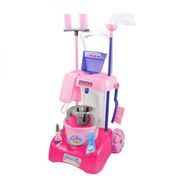 Игровой набор для уборки 17005-06, тележка, ведро, щетки, совок, швабра (Розовый) фото