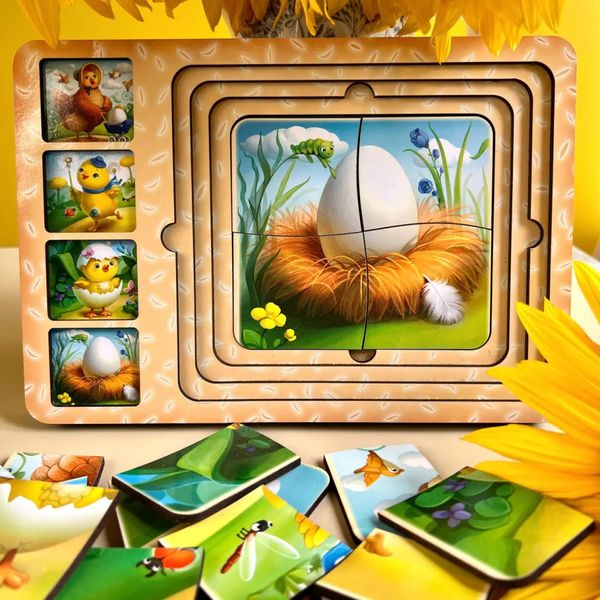 Дерев'яна настільна гра "Етапи розвитку курочки" Ubumblebees (ПСФ018) PSF018 сортер-пазл фото